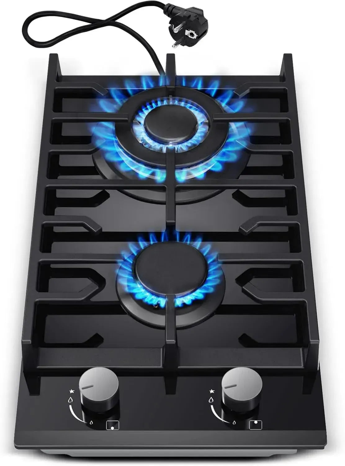 Table de cuisson à gaz 2 feux, 30 cm, verre noir, support fonte, compatible NG/LPG, sécurité flamme intégrée