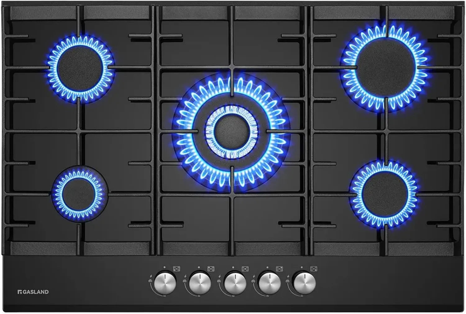 Plaque de cuisson à gaz 5 foyers avec brûleur wok, 76 cm, verre noir, 10,4 KW, compatible GPL/NG