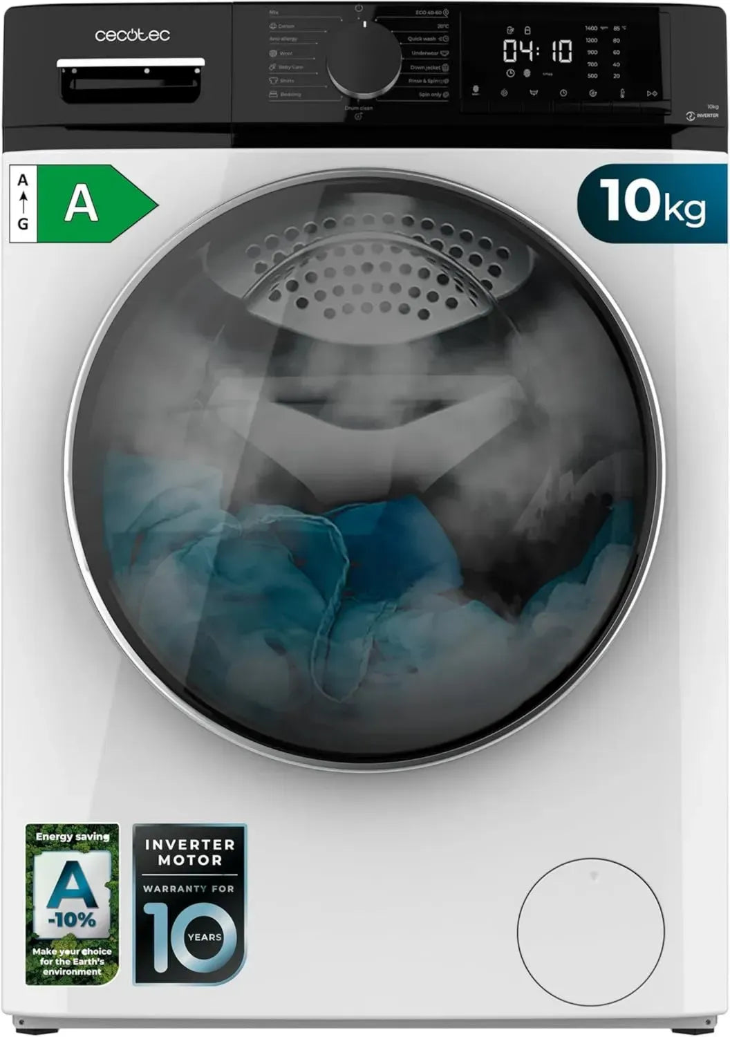 Cecotec Machine à Laver 10 Kg Frontale Bolero DressCode 10610 Inverter - 1400 Tr/Min, Vapeur, Moteur Inverter Plus, 15 Programmes, Technologie OnSmart, Lavage Doux, Arrêt & Reprise, Joint Antibactérien, Nettoyage Tambour