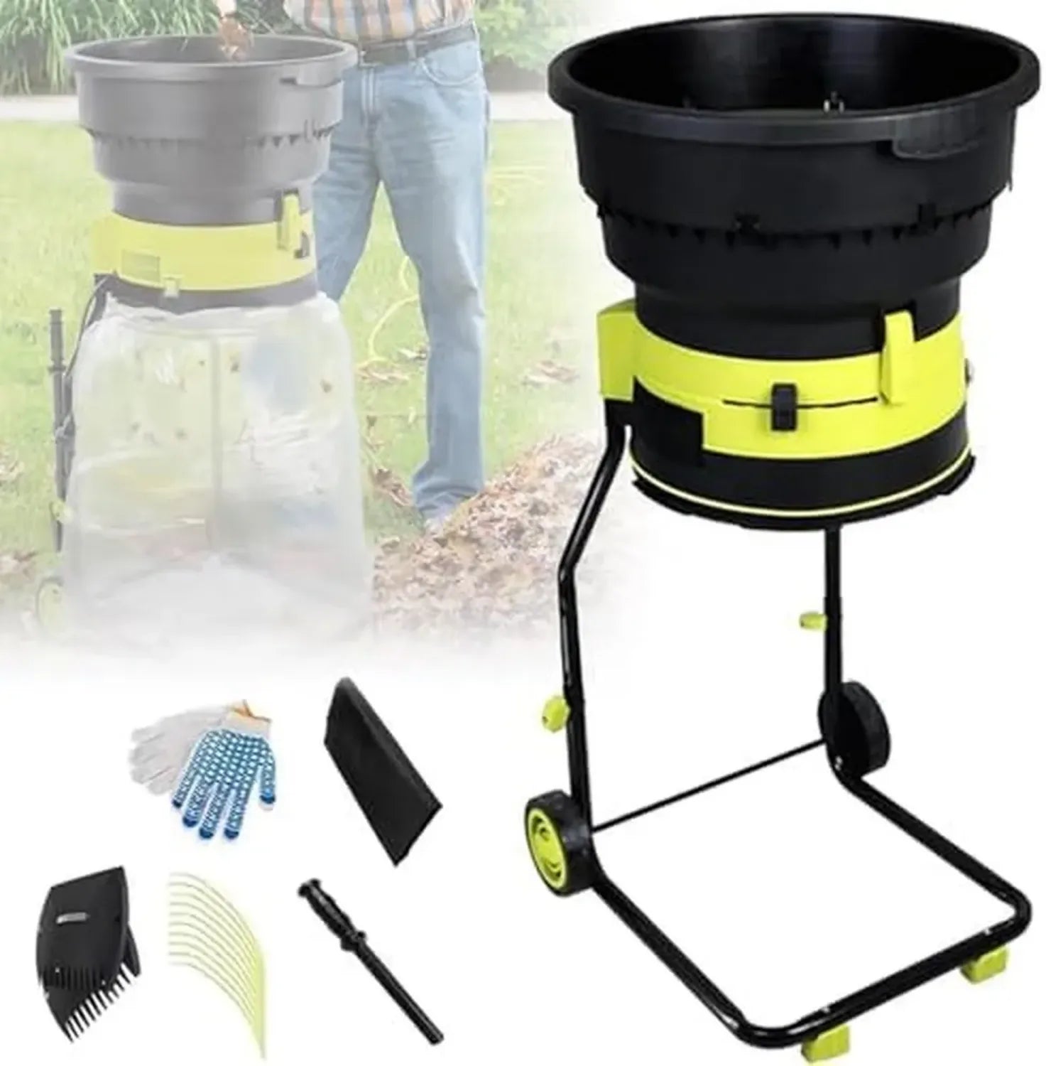 Aspirateur souffleur broyeur électrique avec vitesse ajustable, roulettes et sac de collecte pour déchets de jardin